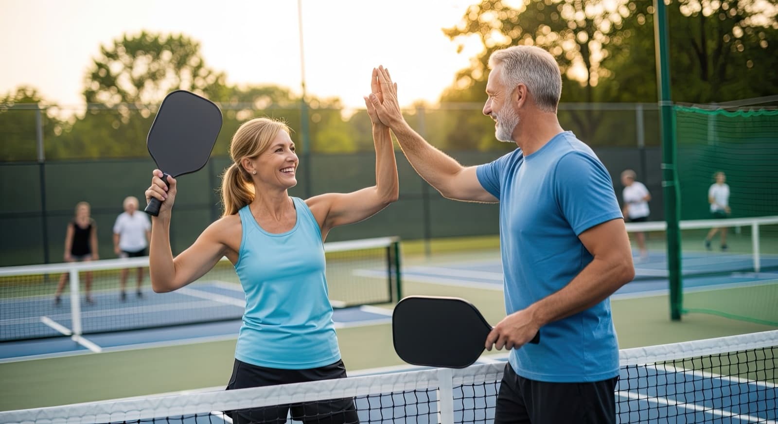 Two active seniors high-fiving over the net after a pickleball match